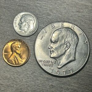 3 Coin Lot: 1964 90% Silver Roosevelt Dime + 1977 Ike Dollar + 1961 Proof Penny
